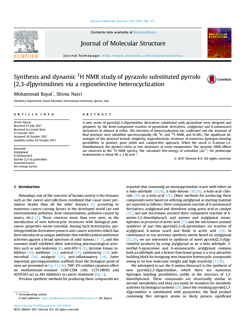 Synthesis and dynamic 1H NMR study of pyrazolo substituted pyrrolo[2,3-d]pyrimidines via a regioselective heterocyclization