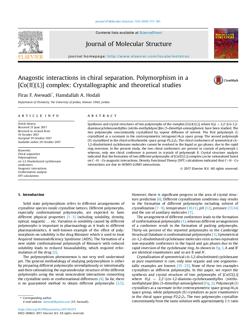 Anagostic interactions in chiral separation. Polymorphism in a [Co(II)(L)] complex: Crystallographic and theoretical studies