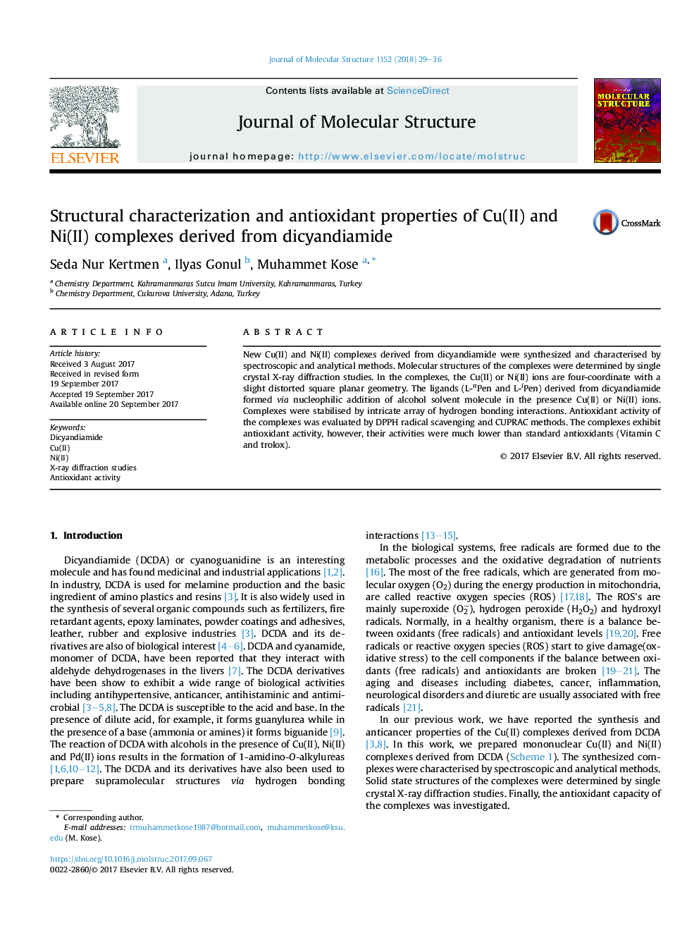 عکس صفحه اول مقاله: Structural characterization and antioxidant properties of Cu(II) and Ni(II) complexes derived from dicyandiamide Structural characterization and antioxidant properties of Cu(II) and Ni(II) complexes derived from dicyandiamide
