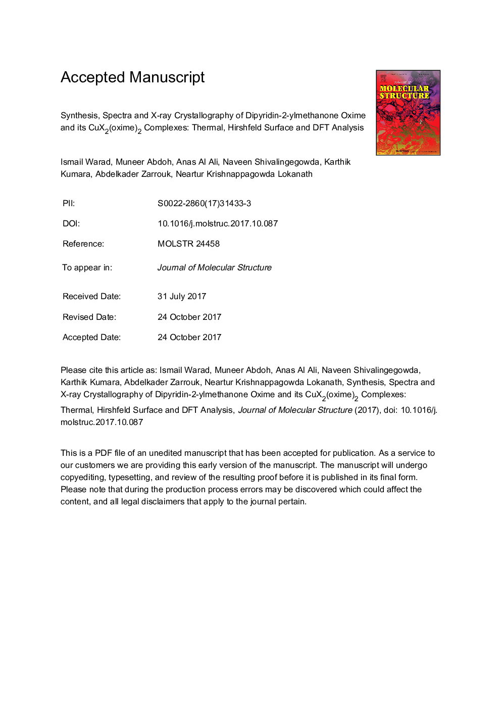 Synthesis, spectra and X-ray crystallography of dipyridin-2-ylmethanone oxime and its CuX2(oxime)2 complexes: Thermal, Hirshfeld surface and DFT analysis