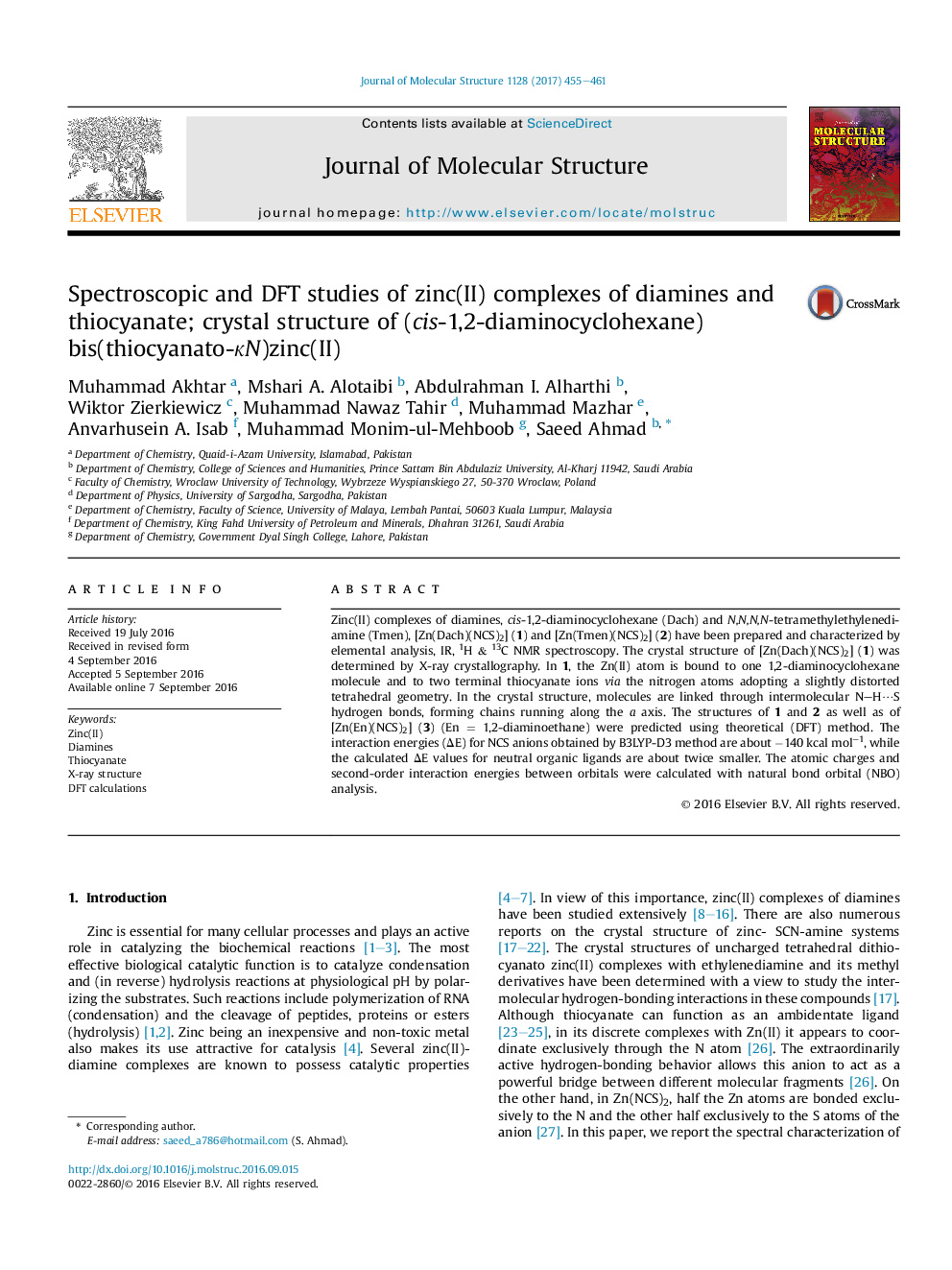 Spectroscopic and DFT studies of zinc(II) complexes of diamines and thiocyanate; crystal structure of (cis-1,2-diaminocyclohexane)bis(thiocyanato-ÎºN)zinc(II)