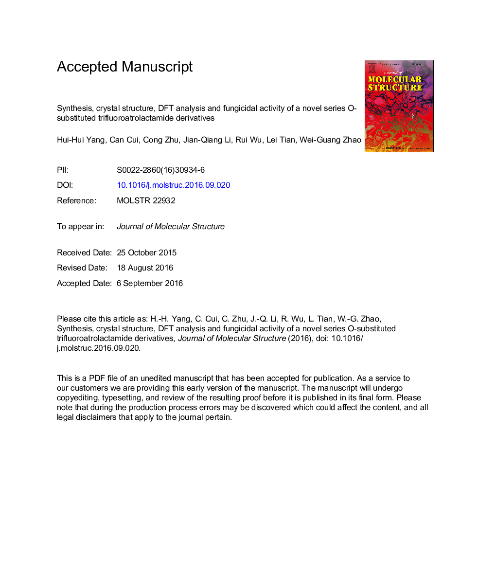 عکس صفحه اول مقاله: Synthesis, crystal structure, DFT analysis and fungicidal activity of a novel series O-substituted trifluoroatrolactamide derivatives Synthesis, crystal structure, DFT analysis and fungicidal activity of a novel series O-substituted trifluoroatrolactamide derivatives