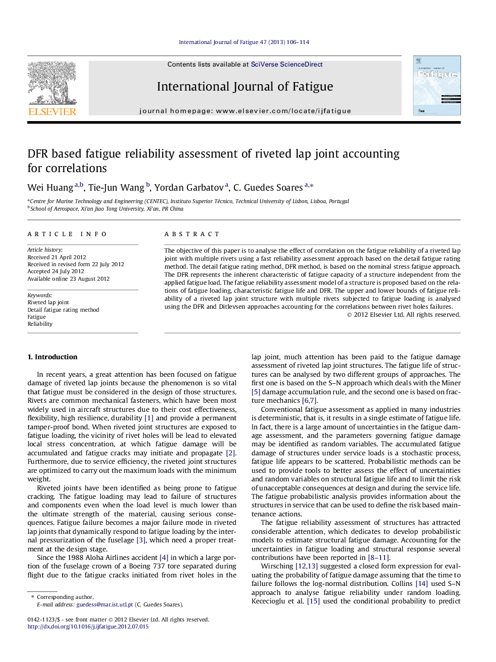 DFR based fatigue reliability assessment of riveted lap joint accounting for correlations