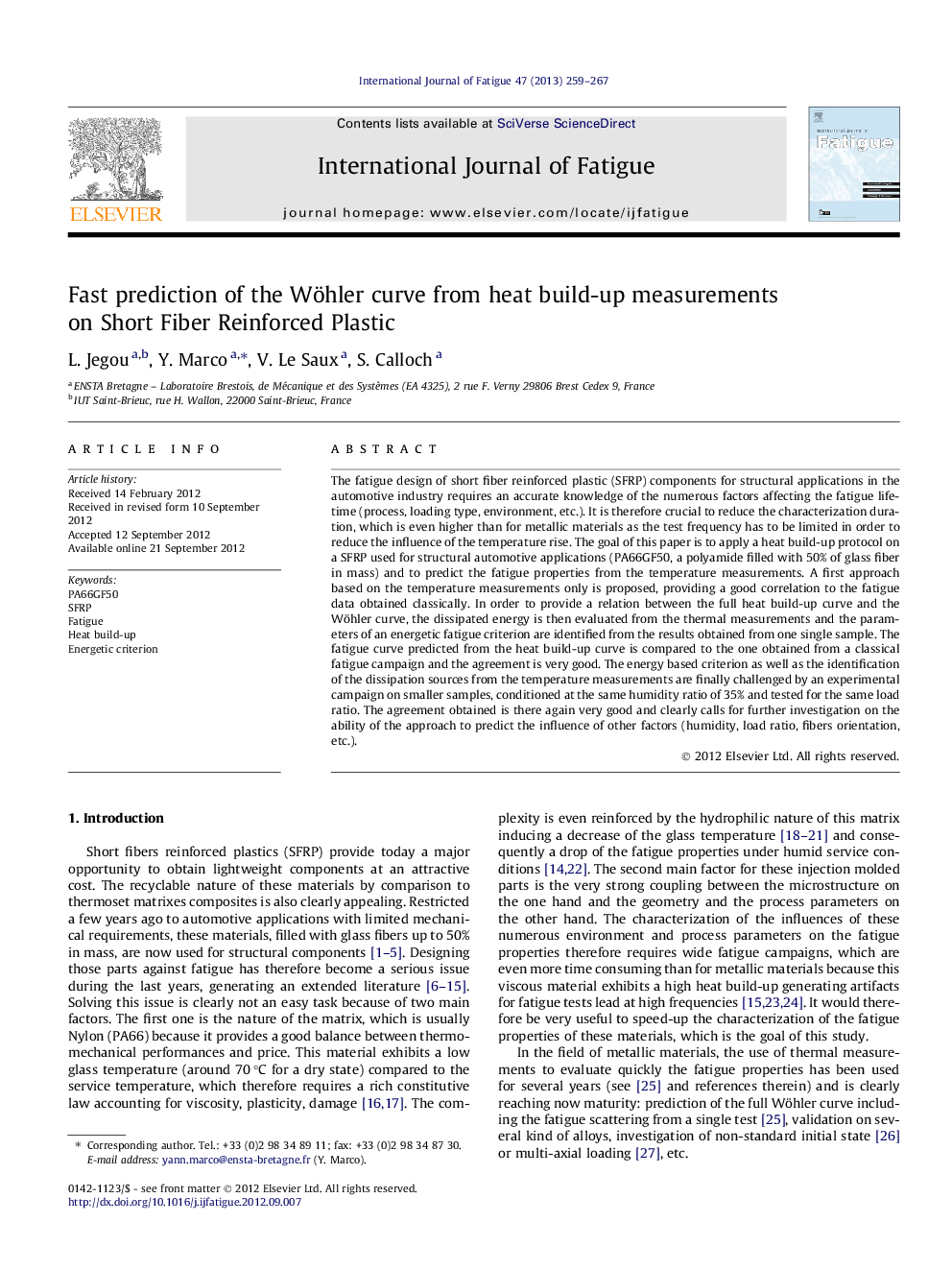 Fast prediction of the Wöhler curve from heat build-up measurements on Short Fiber Reinforced Plastic