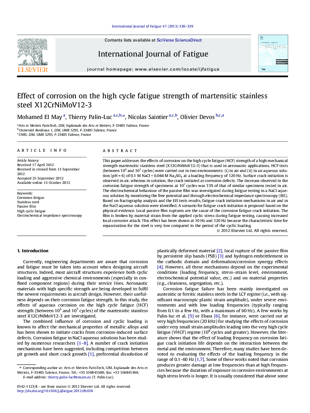 Effect of corrosion on the high cycle fatigue strength of martensitic stainless steel X12CrNiMoV12-3