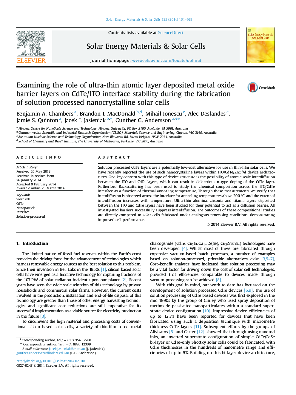 Examining the role of ultra-thin atomic layer deposited metal oxide barrier layers on CdTe/ITO interface stability during the fabrication of solution processed nanocrystalline solar cells