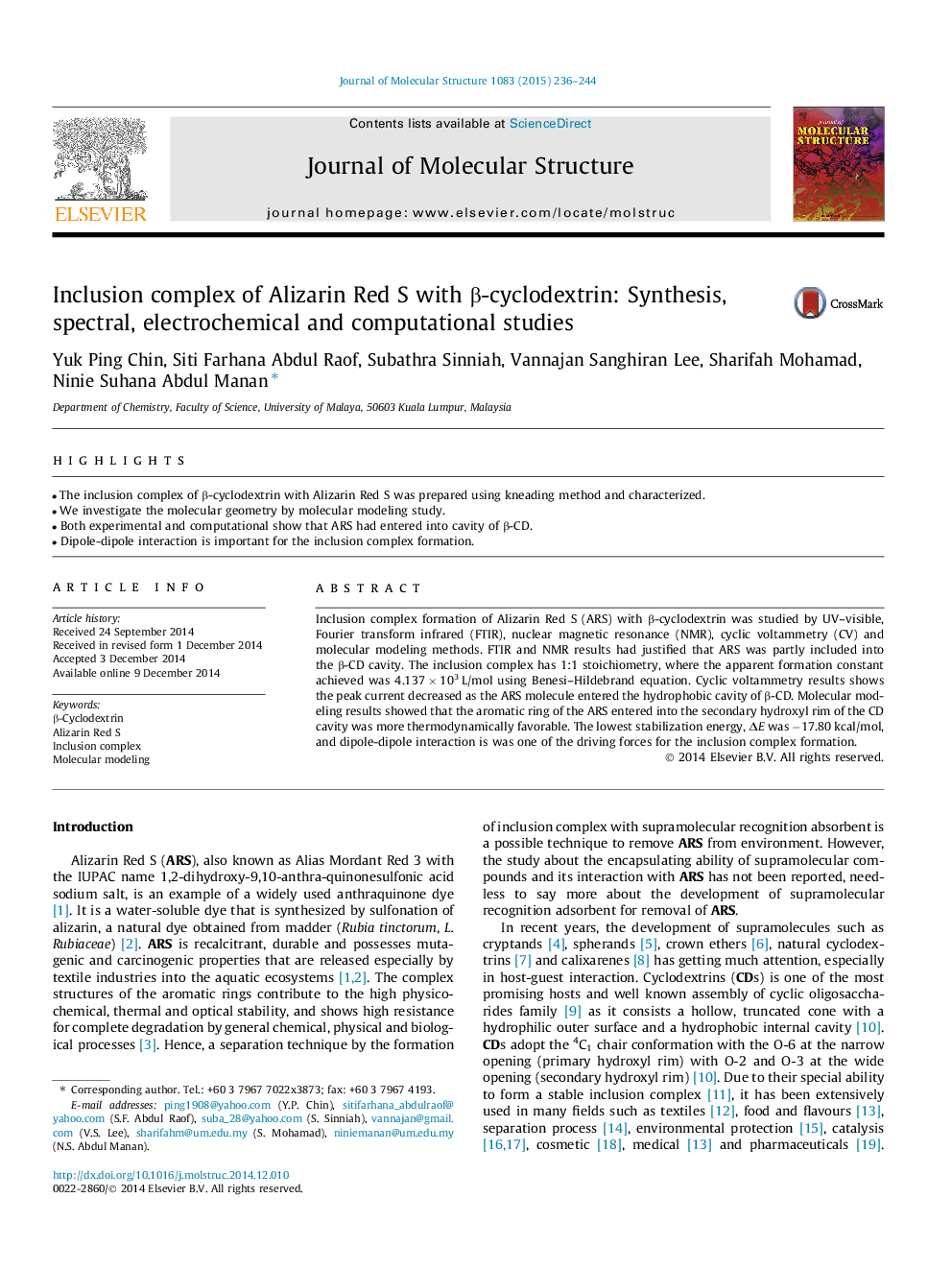 Inclusion complex of Alizarin Red S with Î²-cyclodextrin: Synthesis, spectral, electrochemical and computational studies