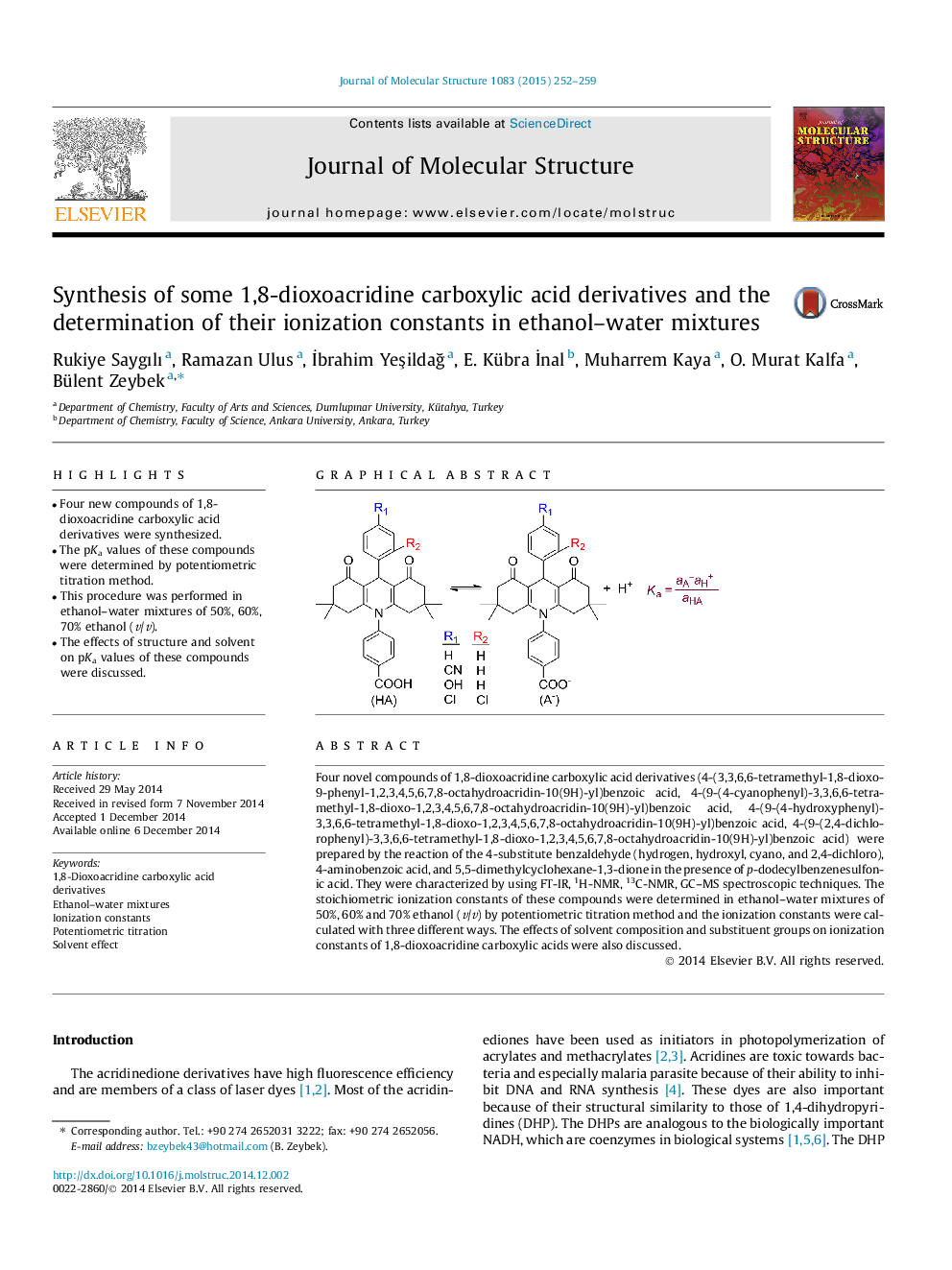 سنتز برخی از مشتقات اسید کربوکسیلیک 1-8 دیاکسوآکرییدیین و تعیین ثابت یونیزاسیون آنها در مخلوط اتانول-آب 