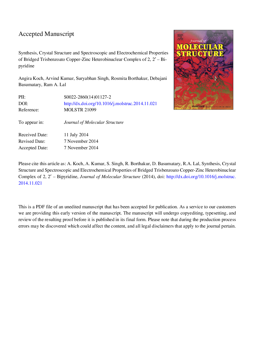 Synthesis, crystal structure and spectroscopic and electrochemical properties of bridged trisbenzoato copper-zinc heterobinuclear complex of 2,2â²-bipyridine