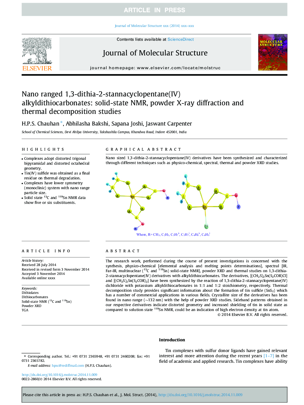 Nano ranged 1,3-dithia-2-stannacyclopentane(IV) alkyldithiocarbonates: solid-state NMR, powder X-ray diffraction and thermal decomposition studies
