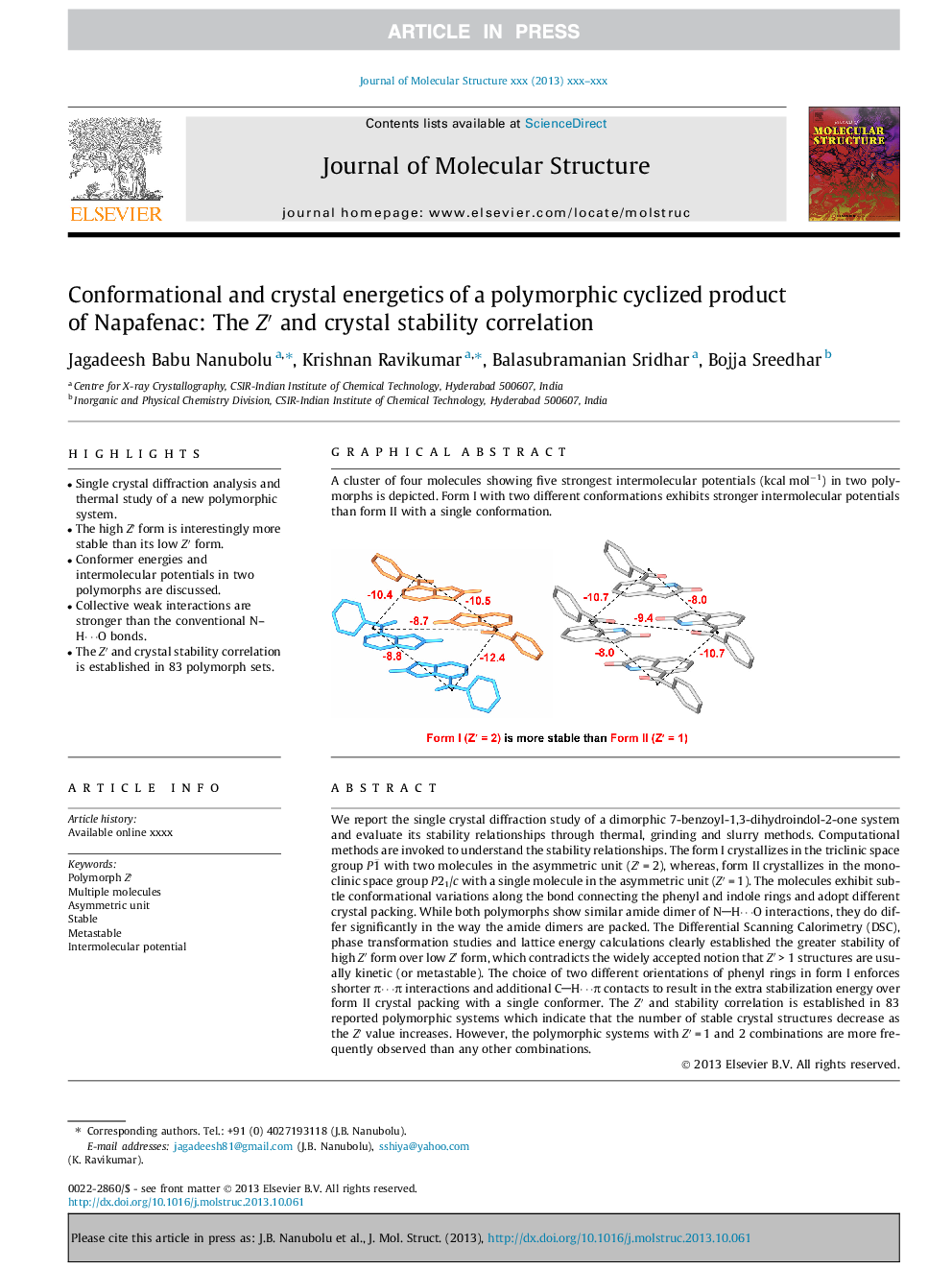 Conformational and crystal energetics of a polymorphic cyclized product of Napafenac: The Zâ² and crystal stability correlation