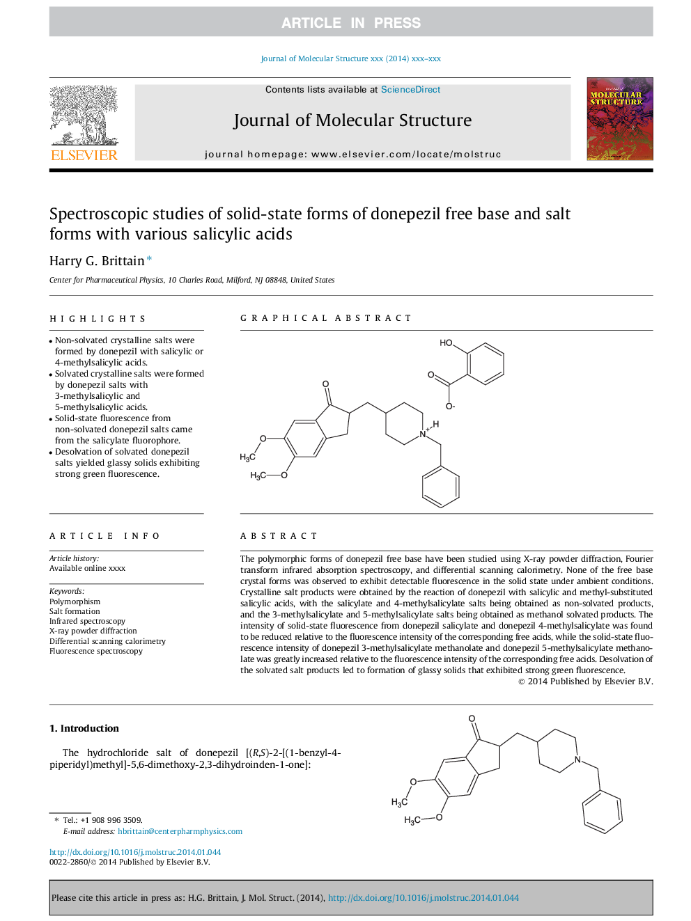 Spectroscopic studies of solid-state forms of donepezil free base and salt forms with various salicylic acids