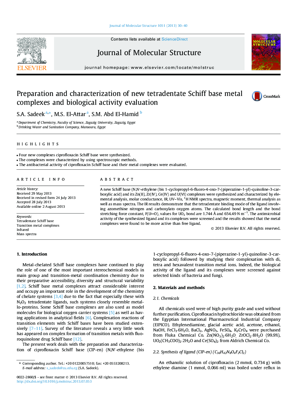 Preparation and characterization of new tetradentate Schiff base metal complexes and biological activity evaluation