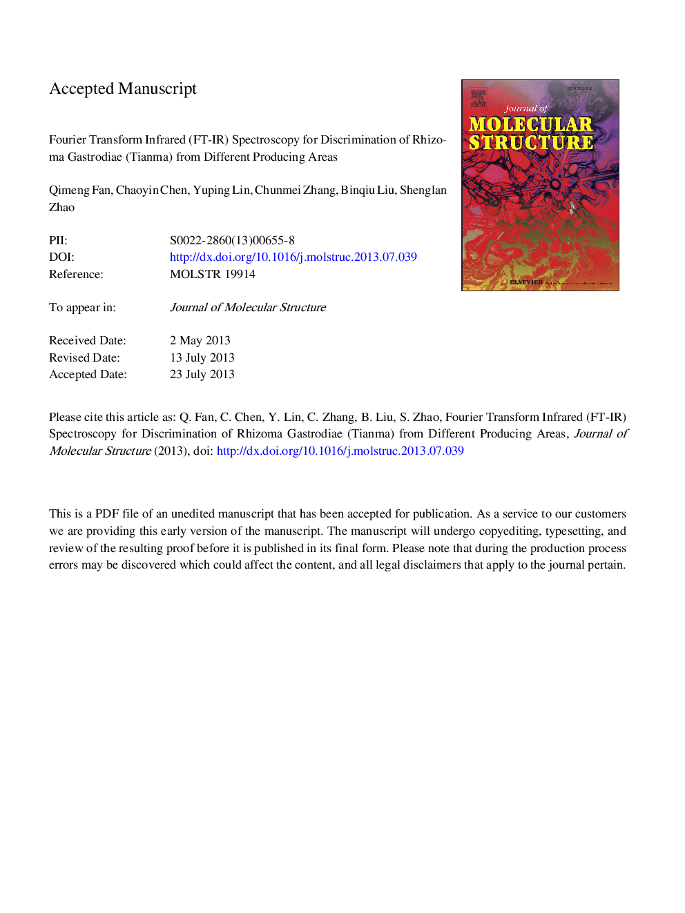 Fourier Transform Infrared (FT-IR) Spectroscopy for discrimination of Rhizoma gastrodiae (Tianma) from different producing areas