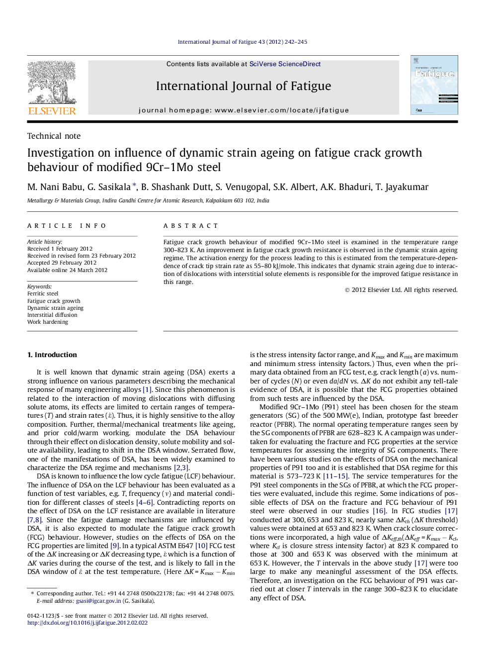 Investigation on influence of dynamic strain ageing on fatigue crack growth behaviour of modified 9Cr–1Mo steel