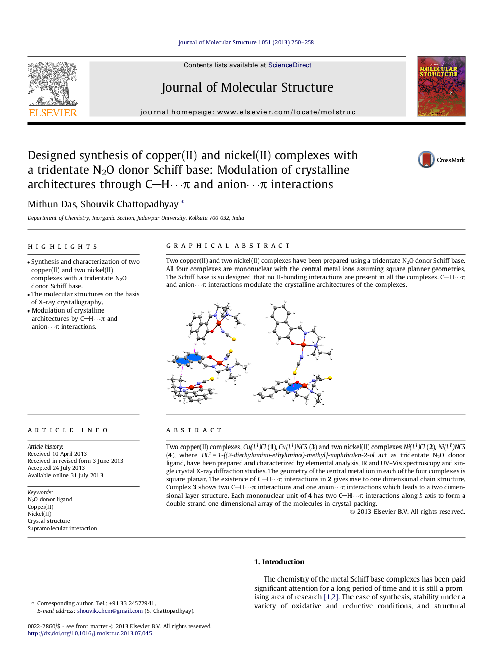 Designed synthesis of copper(II) and nickel(II) complexes with a tridentate N2O donor Schiff base: Modulation of crystalline architectures through CHâ¯Ï and anionâ¯Ï interactions