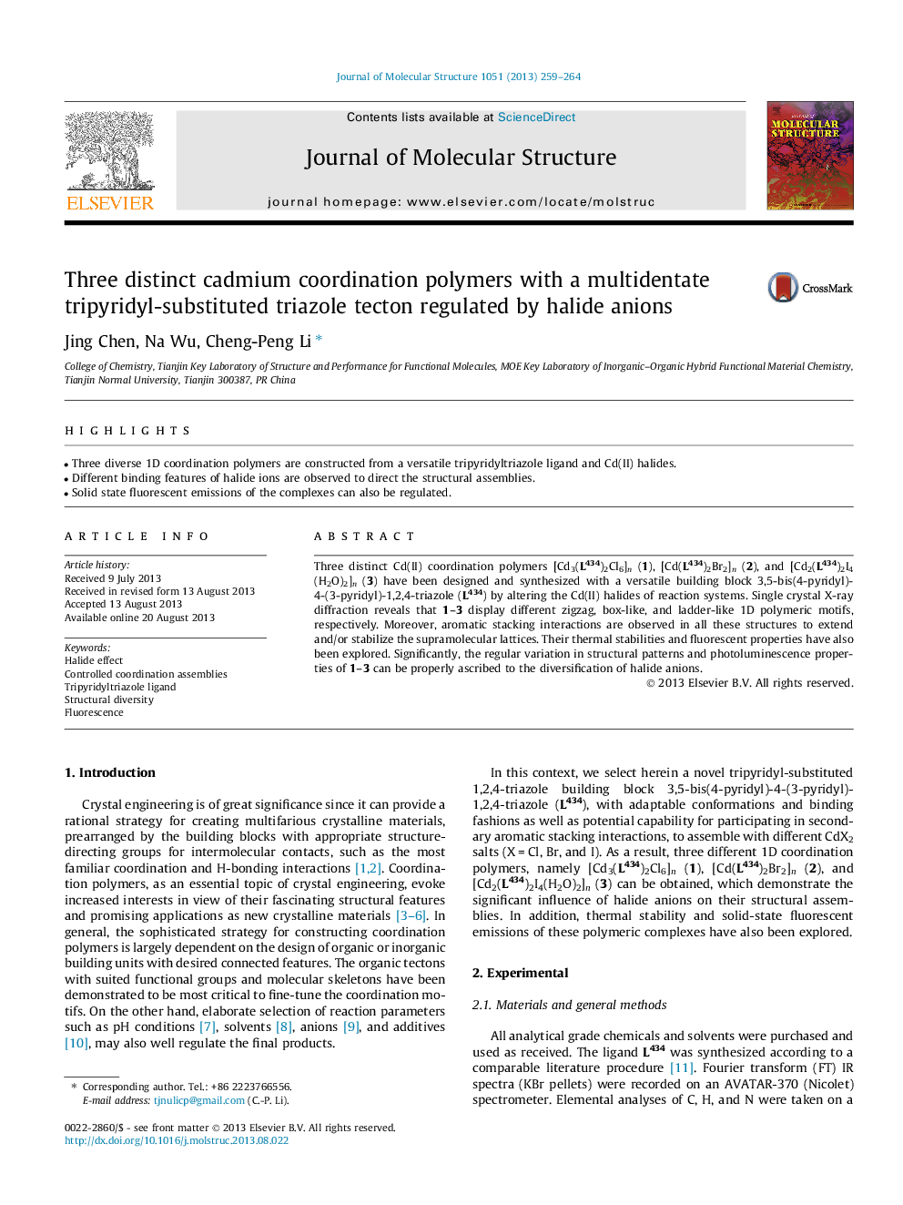 Three distinct cadmium coordination polymers with a multidentate tripyridyl-substituted triazole tecton regulated by halide anions