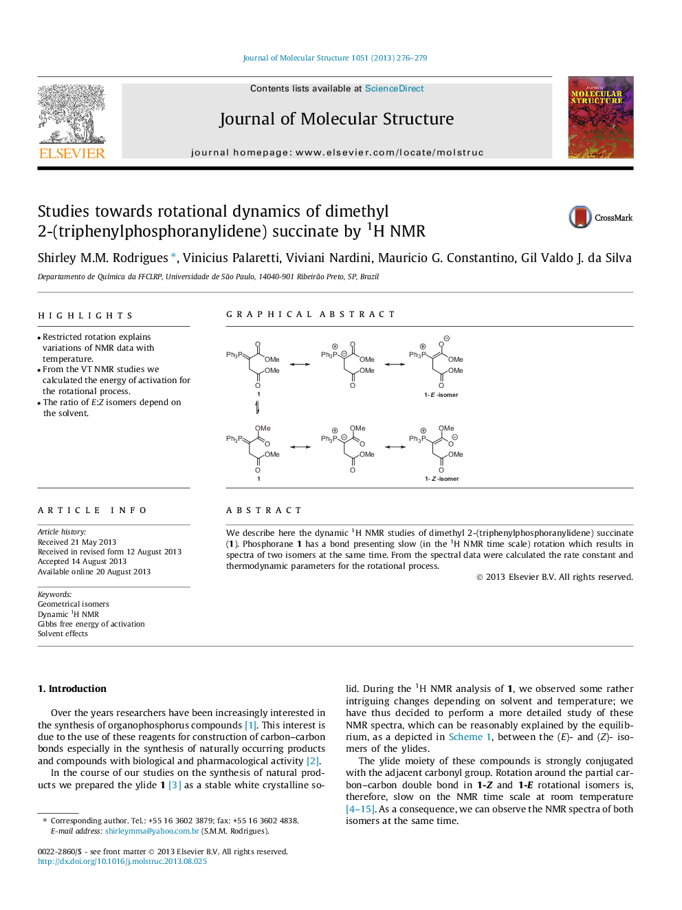 Studies towards rotational dynamics of dimethyl 2-(triphenylphosphoranylidene) succinate by 1H NMR