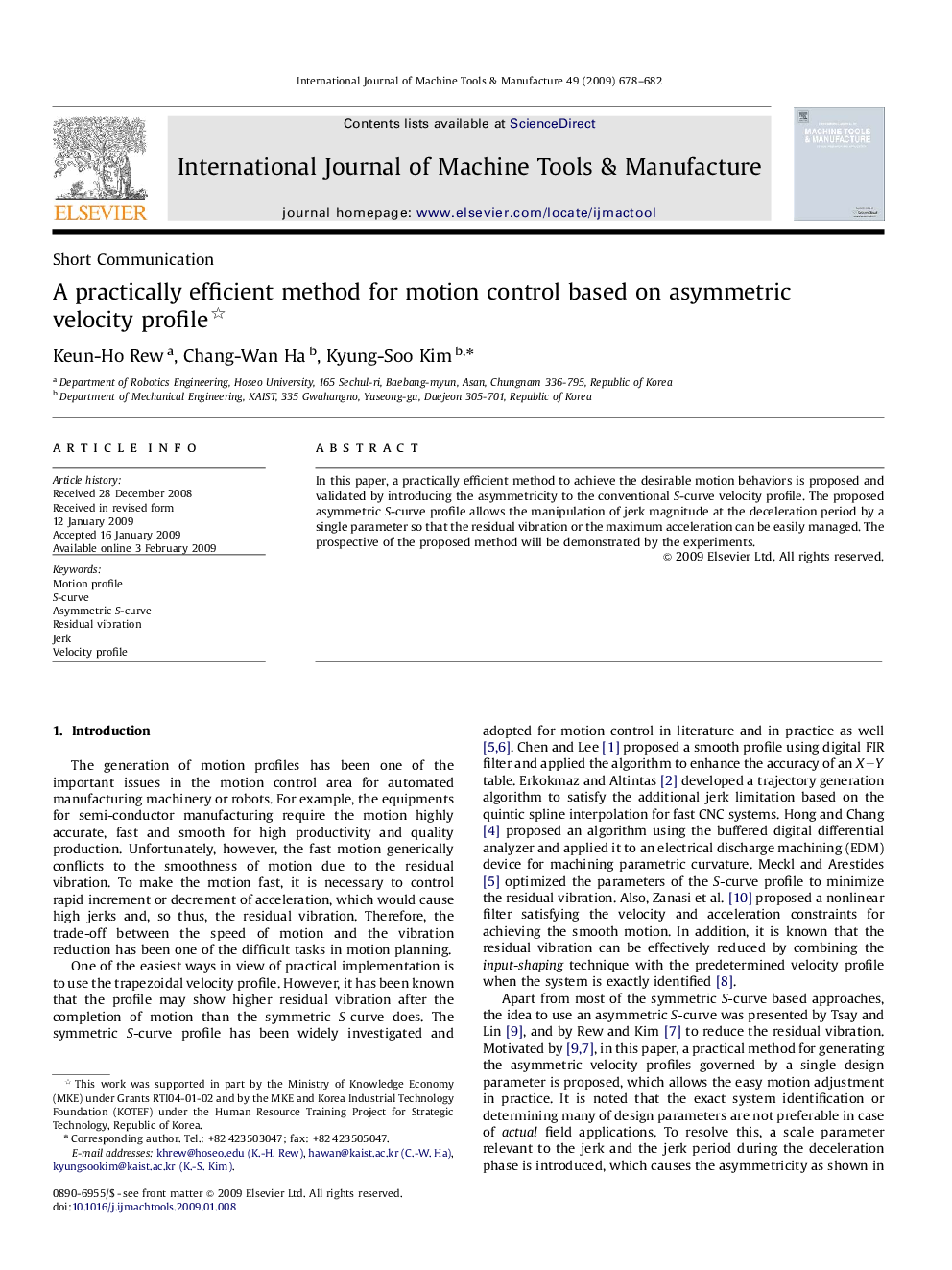 A practically efficient method for motion control based on asymmetric velocity profile 