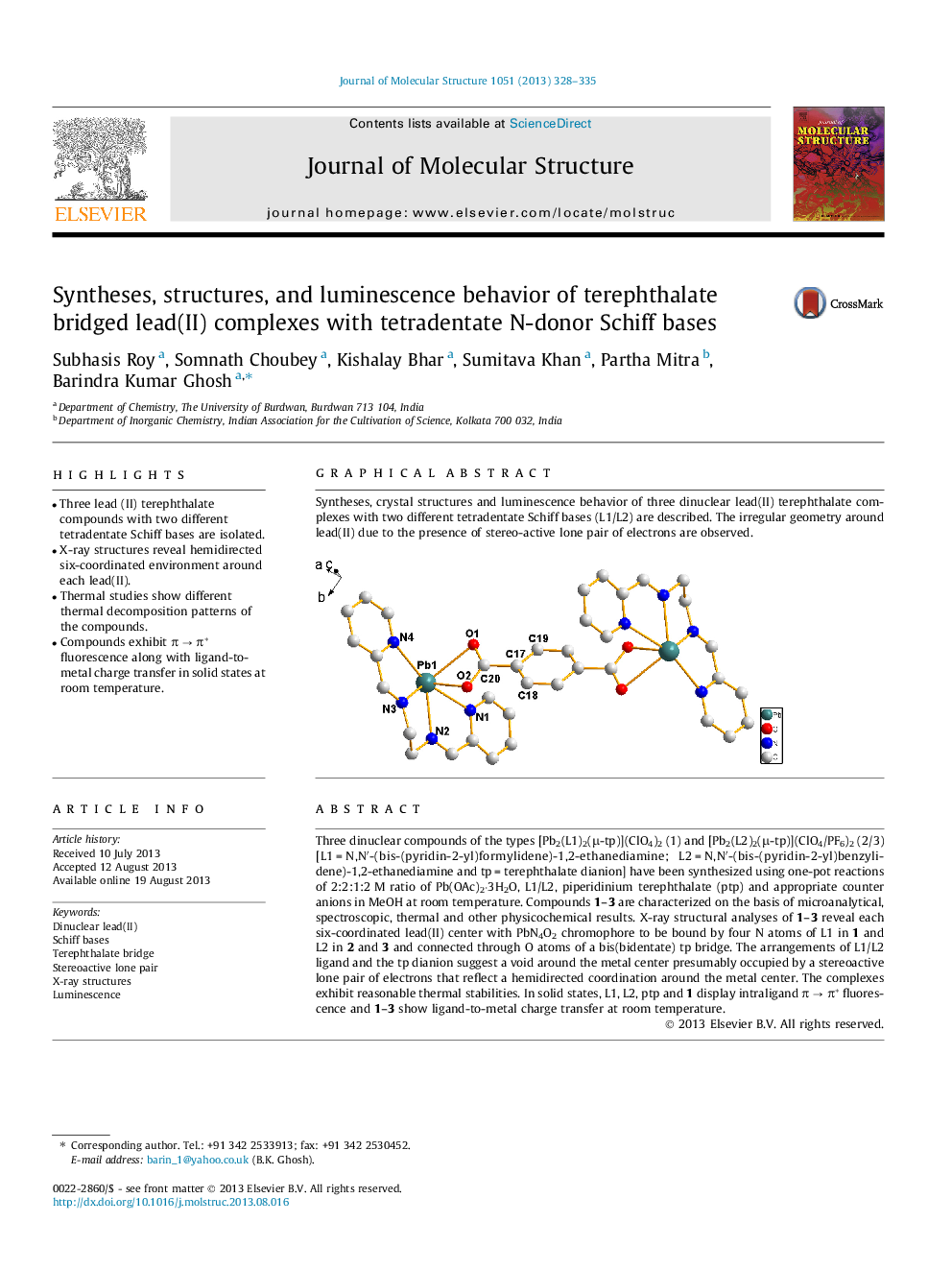 Syntheses, structures, and luminescence behavior of terephthalate bridged lead(II) complexes with tetradentate N-donor Schiff bases