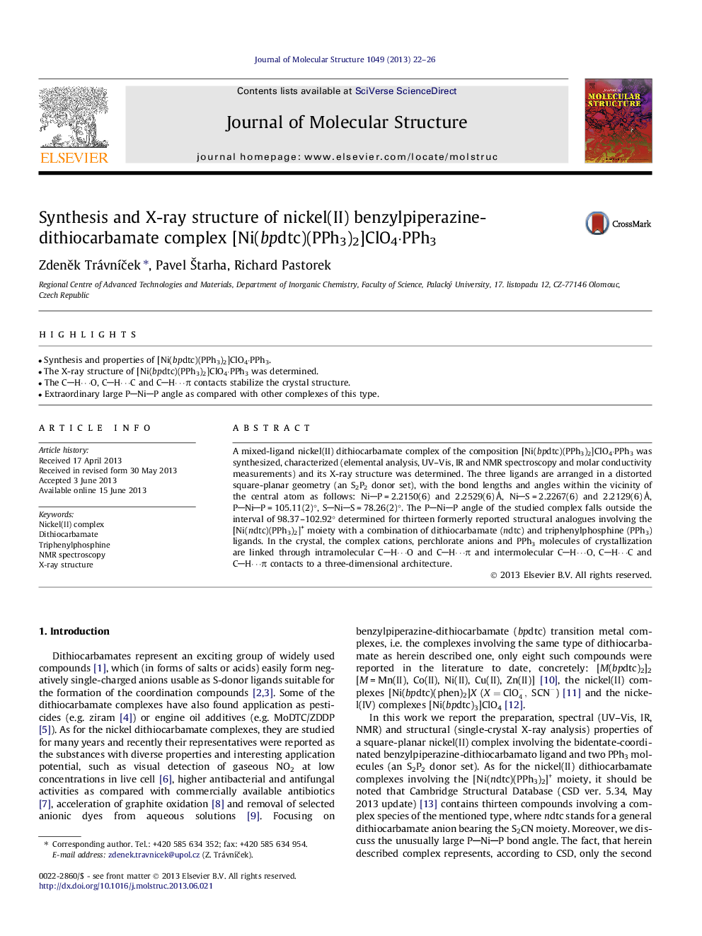 Synthesis and X-ray structure of nickel(II) benzylpiperazine-dithiocarbamate complex [Ni(bpdtc)(PPh3)2]ClO4Â·PPh3