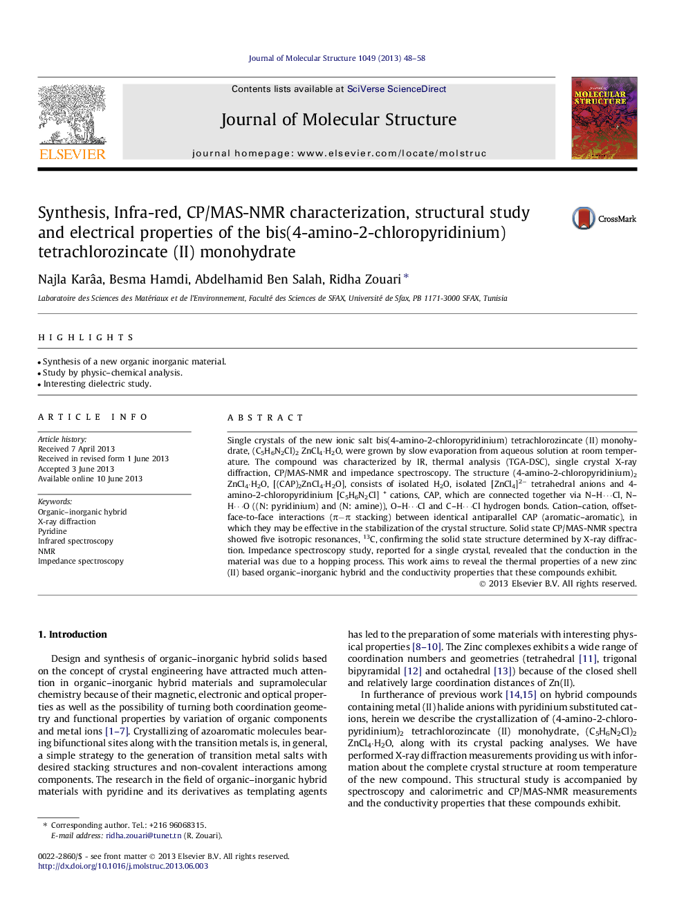 Synthesis, Infra-red, CP/MAS-NMR characterization, structural study and electrical properties of the bis(4-amino-2-chloropyridinium) tetrachlorozincate (II) monohydrate