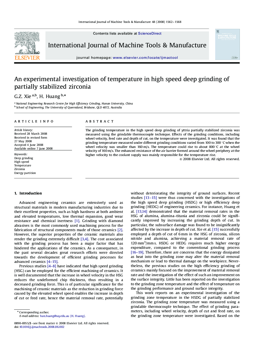 An experimental investigation of temperature in high speed deep grinding of partially stabilized zirconia