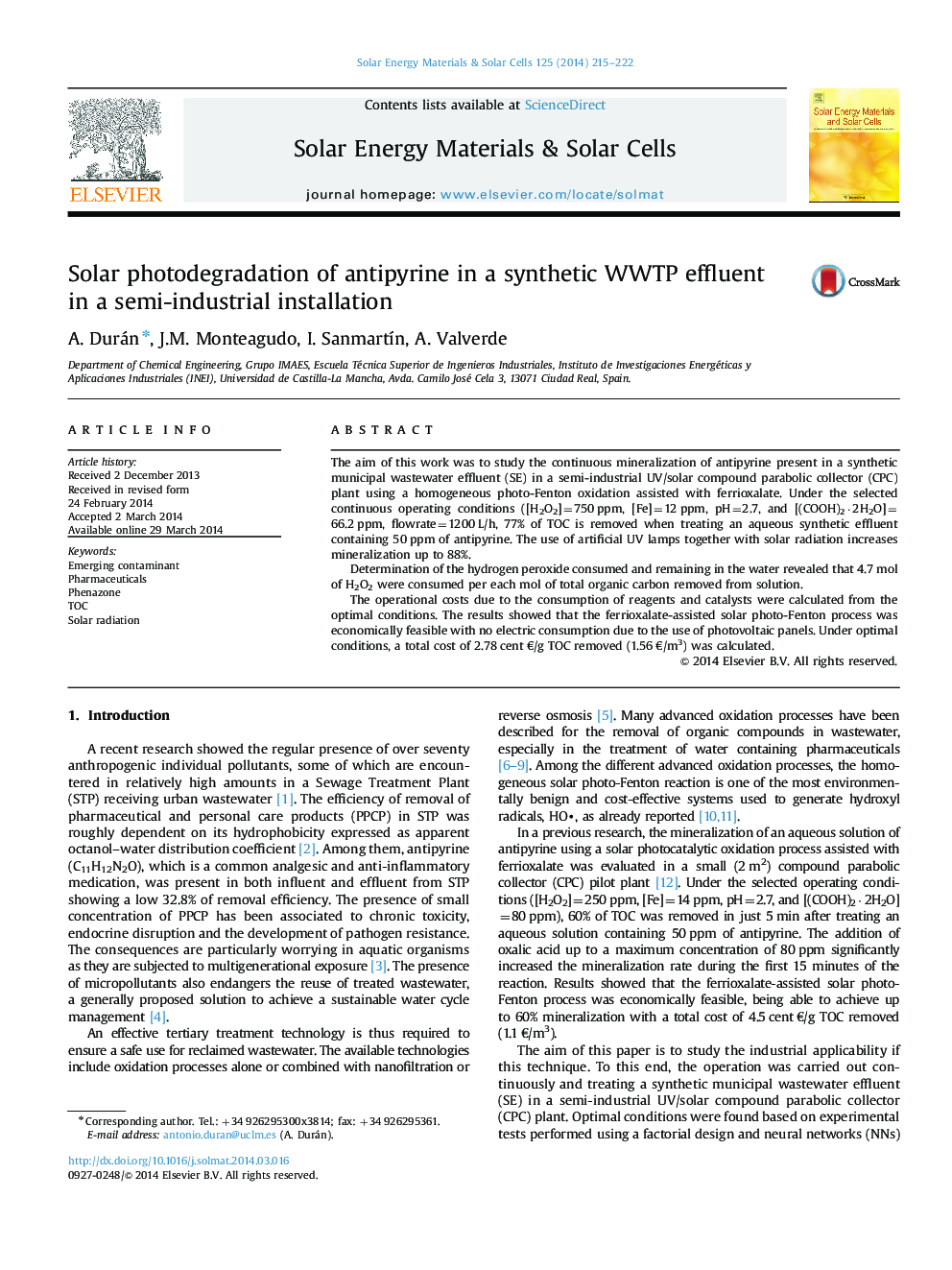 Solar photodegradation of antipyrine in a synthetic WWTP effluent in a semi-industrial installation