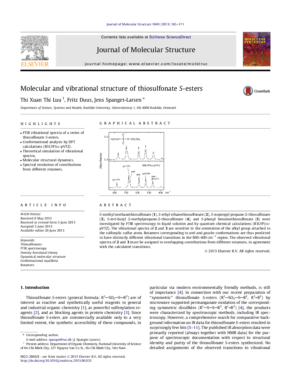 Molecular and vibrational structure of thiosulfonate S-esters