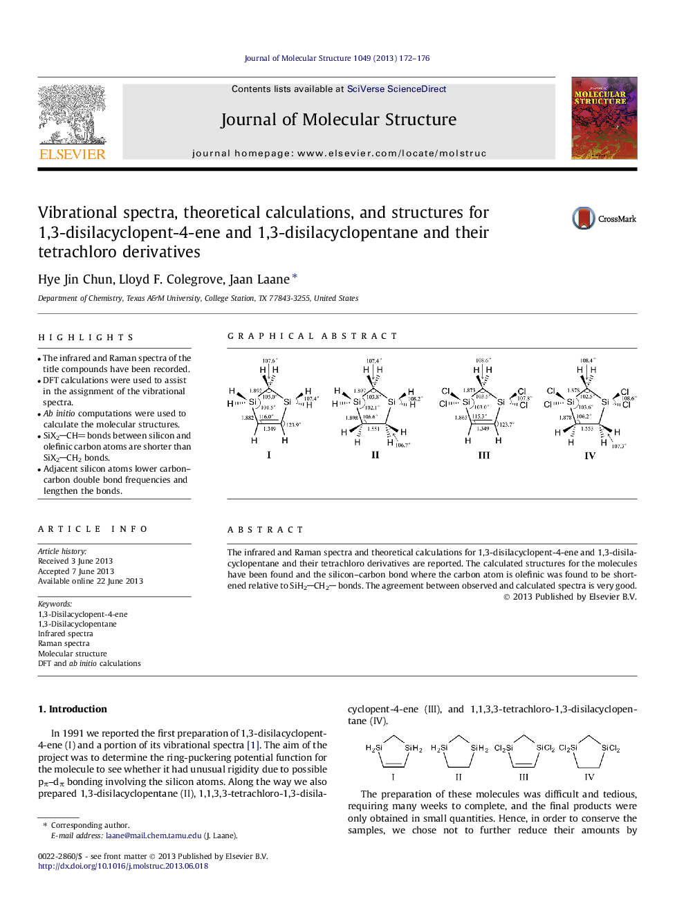 Vibrational spectra, theoretical calculations, and structures for 1,3-disilacyclopent-4-ene and 1,3-disilacyclopentane and their tetrachloro derivatives