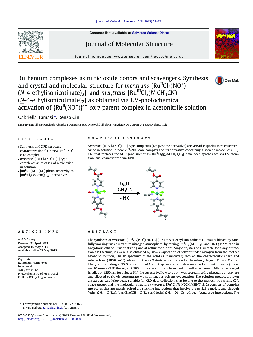 Ruthenium complexes as nitric oxide donors and scavengers. Synthesis and crystal and molecular structure for mer,trans-[RuIICl3(NO+)(N-4-ethylisonicotinate)2], and mer,trans-[RuIIICl3(N-CH3CN)(N-4-ethylisonicotinate)2] as obtained via UV-photochemical act