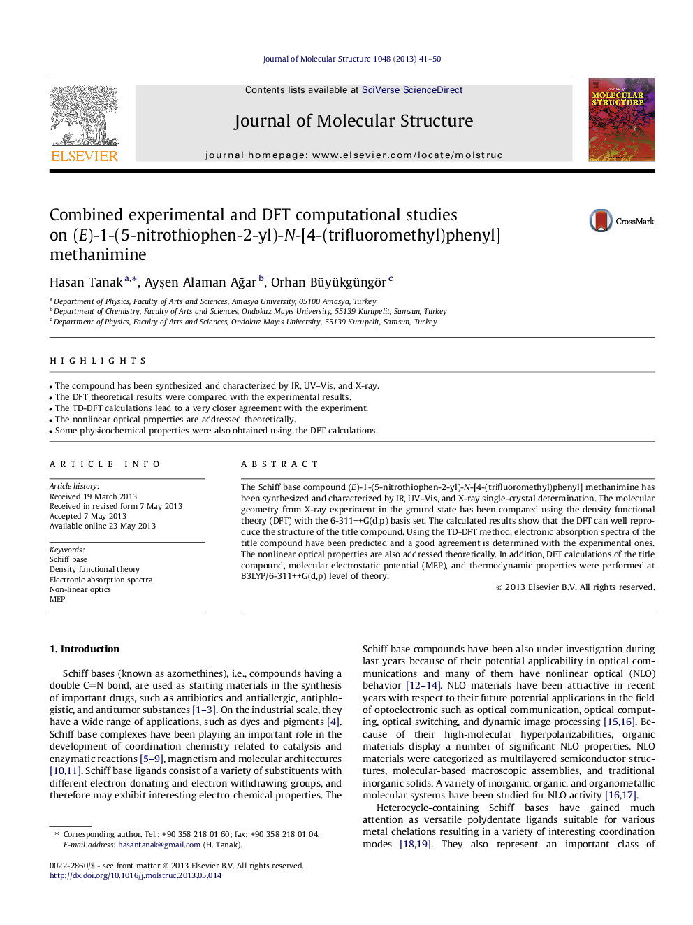 Combined experimental and DFT computational studies on (E)-1-(5-nitrothiophen-2-yl)-N-[4-(trifluoromethyl)phenyl]methanimine