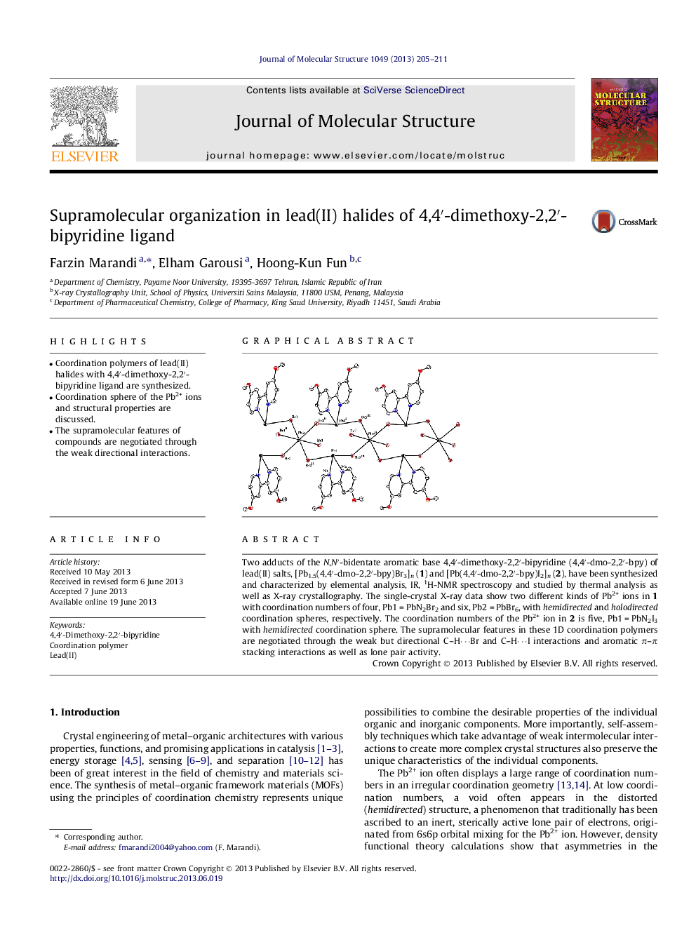 Supramolecular organization in lead(II) halides of 4,4â²-dimethoxy-2,2â²-bipyridine ligand