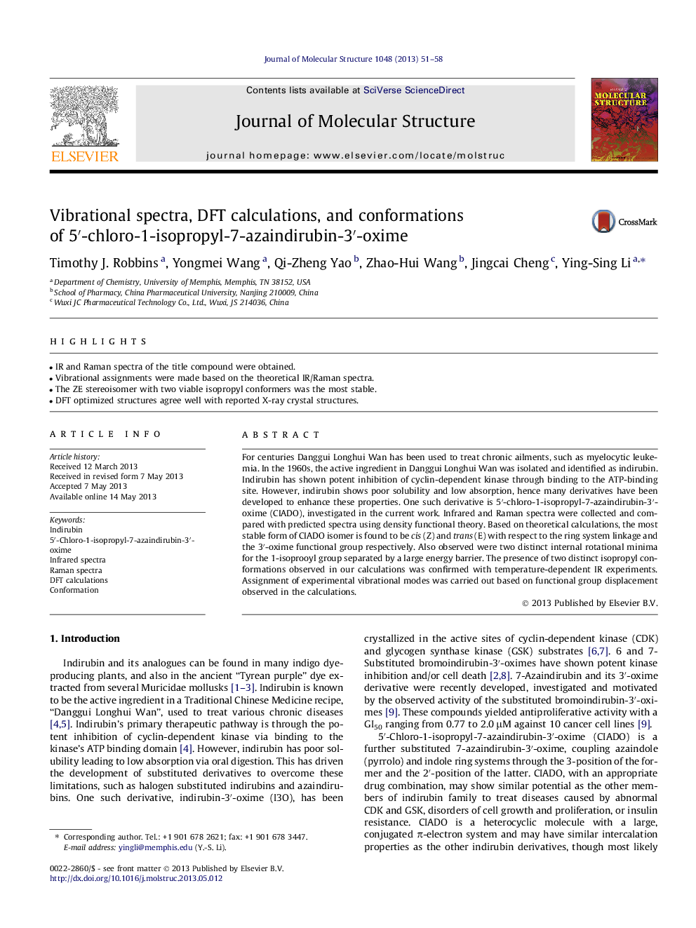 Vibrational spectra, DFT calculations, and conformations of 5â²-chloro-1-isopropyl-7-azaindirubin-3â²-oxime