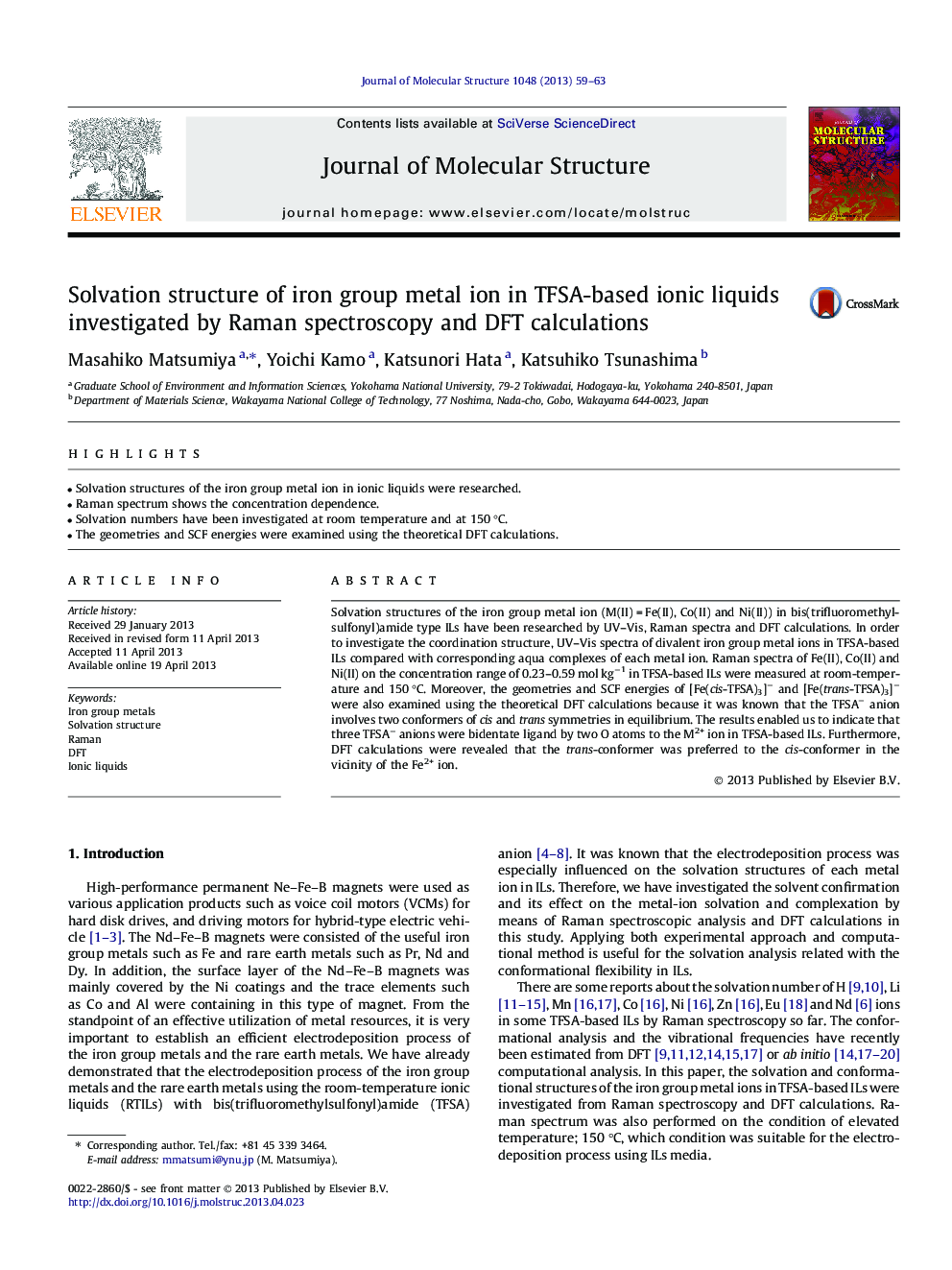 Solvation structure of iron group metal ion in TFSA-based ionic liquids investigated by Raman spectroscopy and DFT calculations