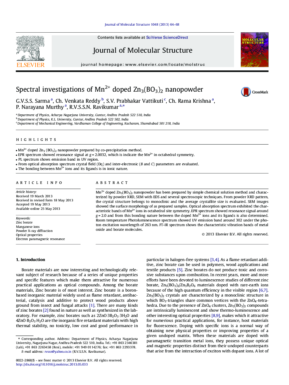 Spectral investigations of Mn2+ doped Zn3(BO3)2 nanopowder