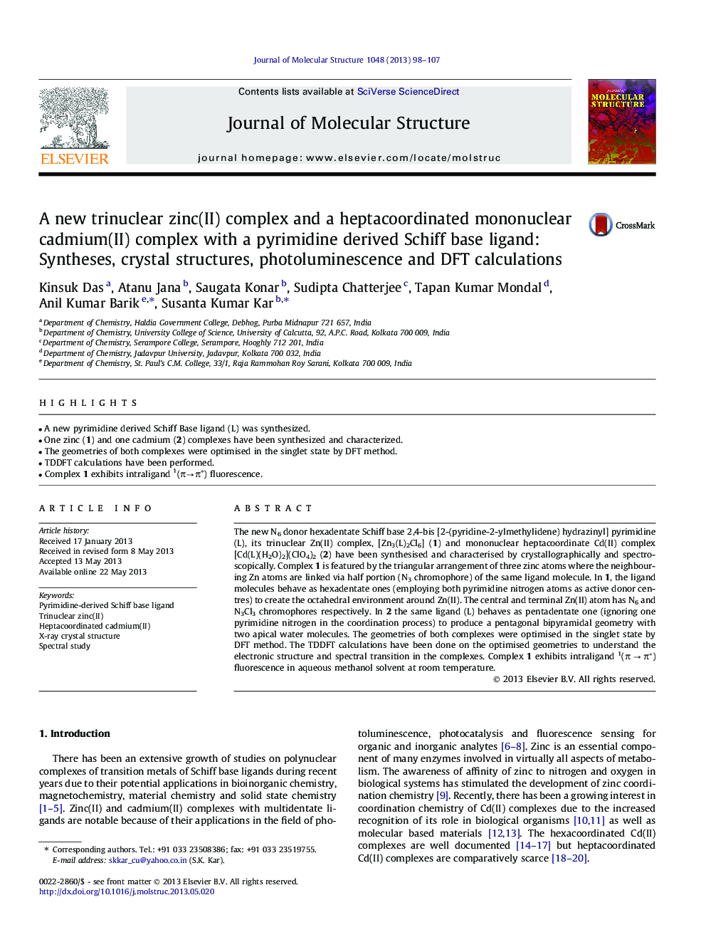 A new trinuclear zinc(II) complex and a heptacoordinated mononuclear cadmium(II) complex with a pyrimidine derived Schiff base ligand: Syntheses, crystal structures, photoluminescence and DFT calculations