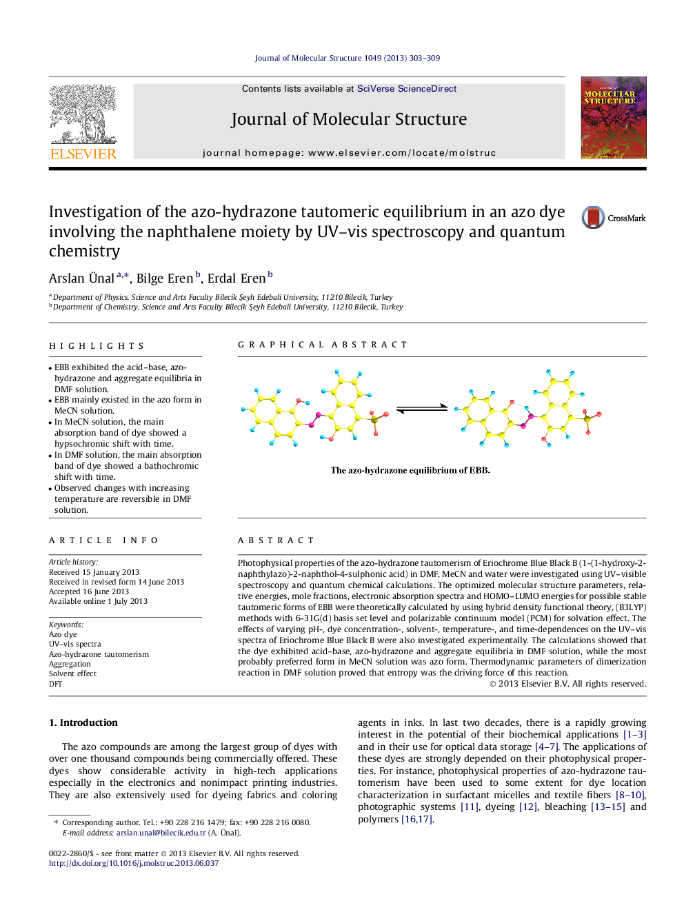 Investigation of the azo-hydrazone tautomeric equilibrium in an azo dye involving the naphthalene moiety by UV-vis spectroscopy and quantum chemistry