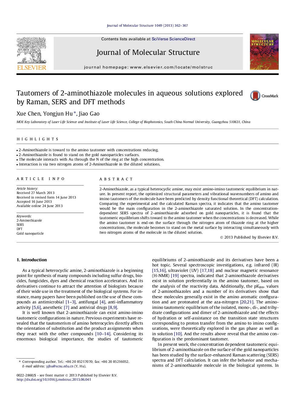 Tautomers of 2-aminothiazole molecules in aqueous solutions explored by Raman, SERS and DFT methods