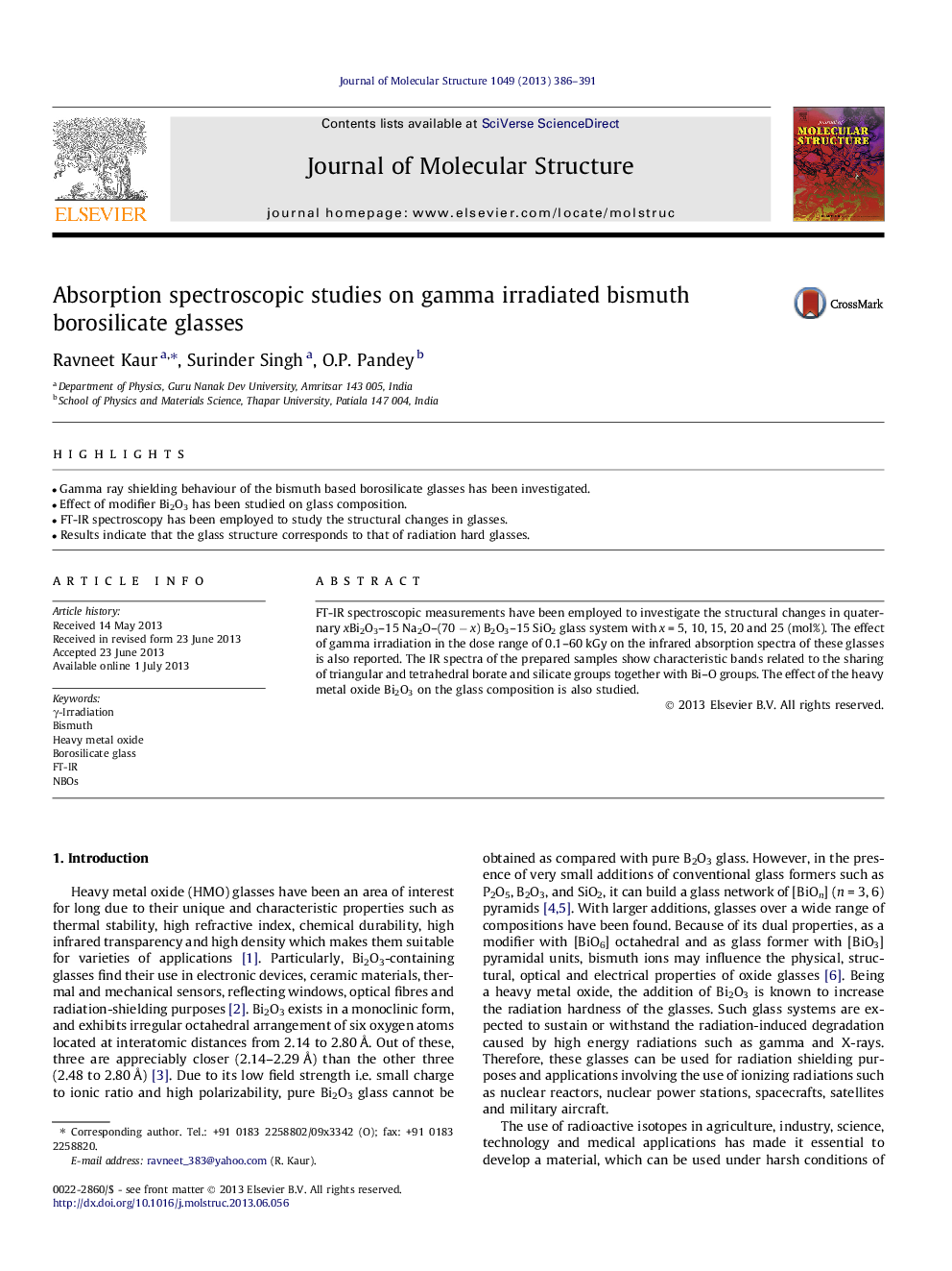 Absorption spectroscopic studies on gamma irradiated bismuth borosilicate glasses