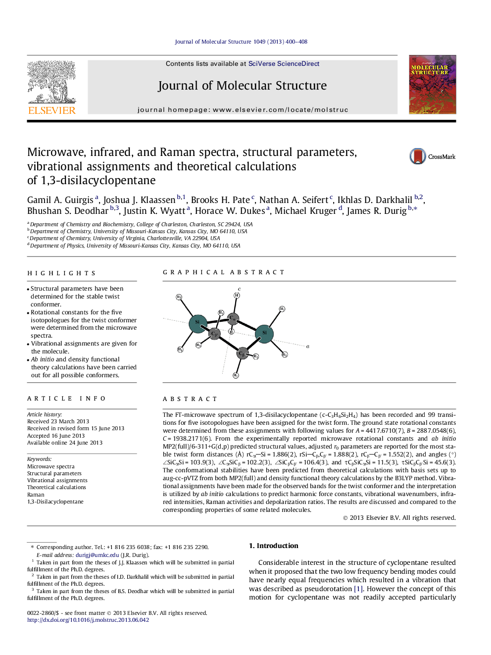 Microwave, infrared, and Raman spectra, structural parameters, vibrational assignments and theoretical calculations of 1,3-disilacyclopentane