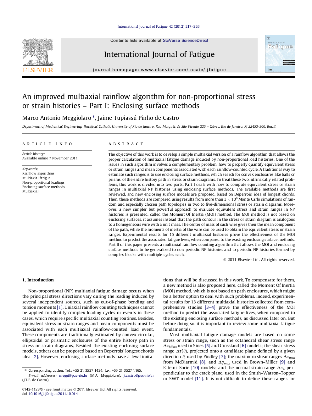 An improved multiaxial rainflow algorithm for non-proportional stress or strain histories – Part I: Enclosing surface methods