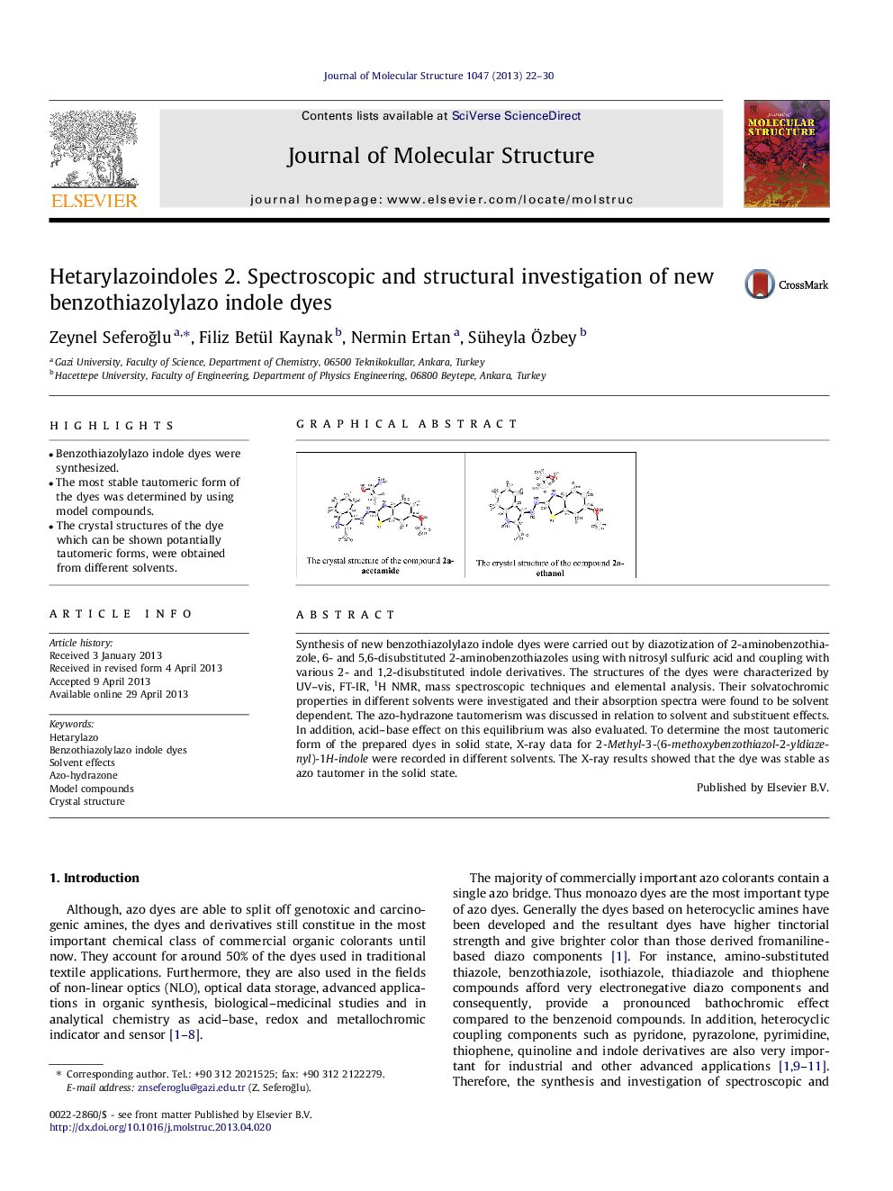 Hetarylazoindoles 2. Spectroscopic and structural investigation of new benzothiazolylazo indole dyes