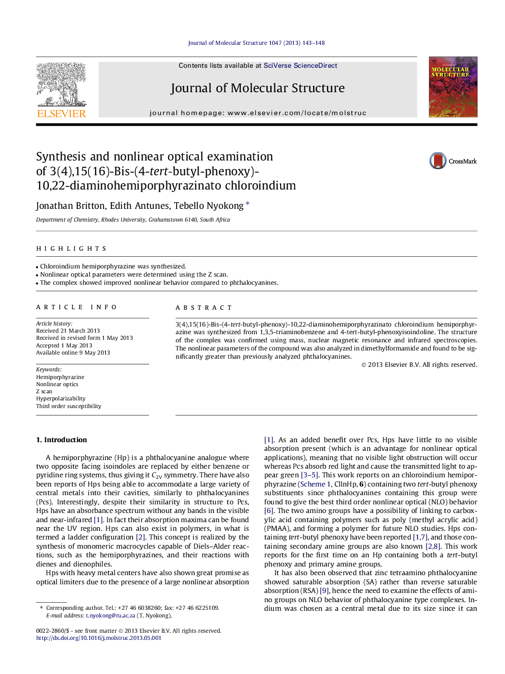 Synthesis and nonlinear optical examination of 3(4),15(16)-Bis-(4-tert-butyl-phenoxy)-10,22-diaminohemiporphyrazinato chloroindium