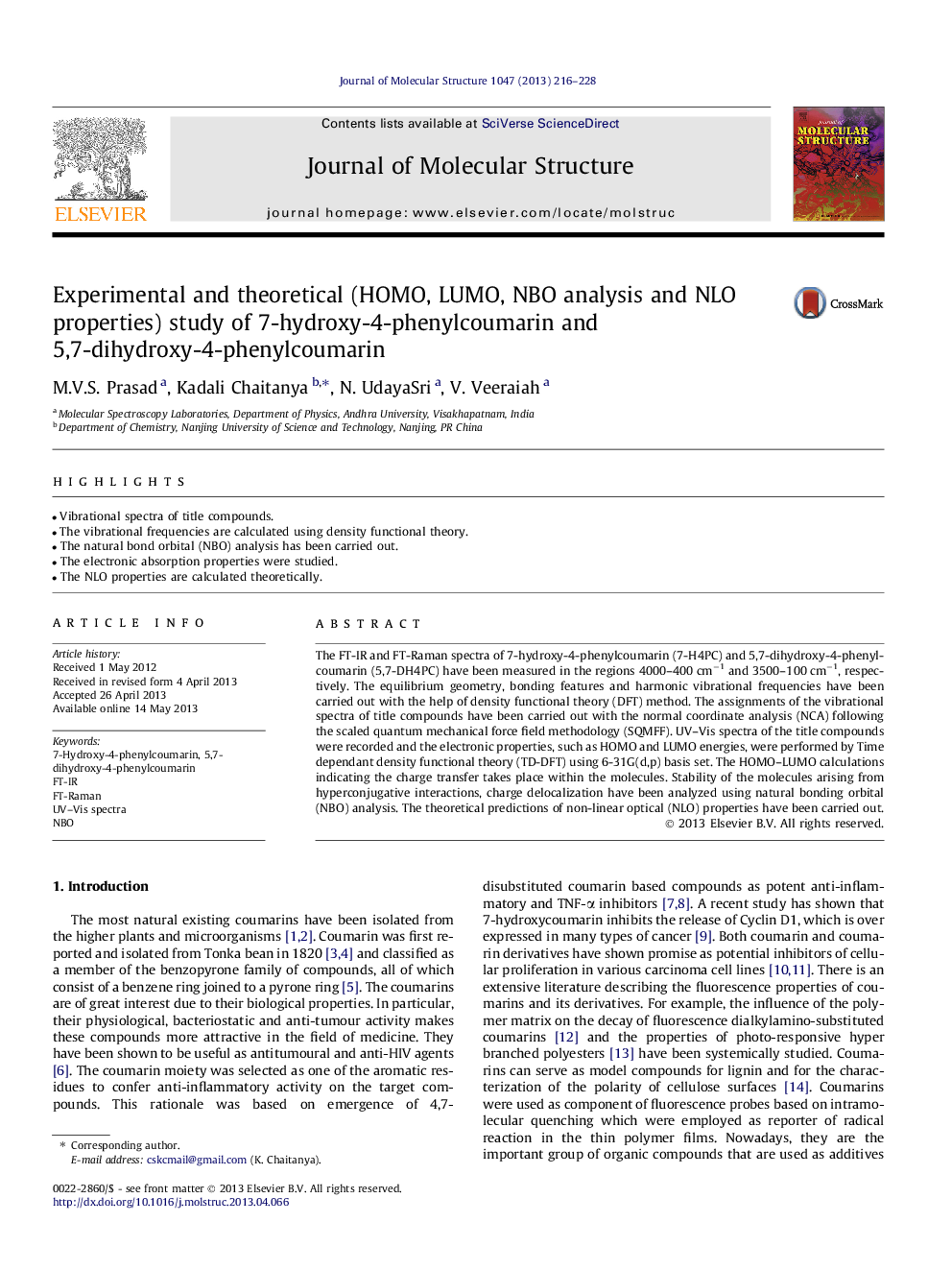 Experimental and theoretical (HOMO, LUMO, NBO analysis and NLO properties) study of 7-hydroxy-4-phenylcoumarin and 5,7-dihydroxy-4-phenylcoumarin