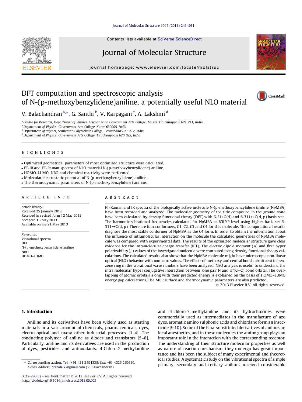 DFT computation and spectroscopic analysis of N-(p-methoxybenzylidene)aniline, a potentially useful NLO material