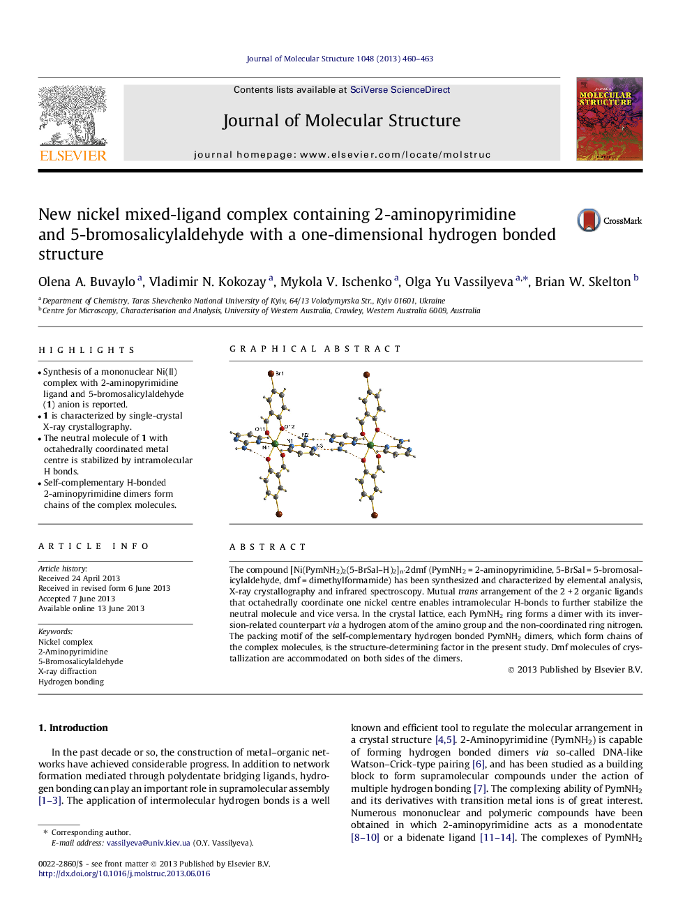 New nickel mixed-ligand complex containing 2-aminopyrimidine and 5-bromosalicylaldehyde with a one-dimensional hydrogen bonded structure