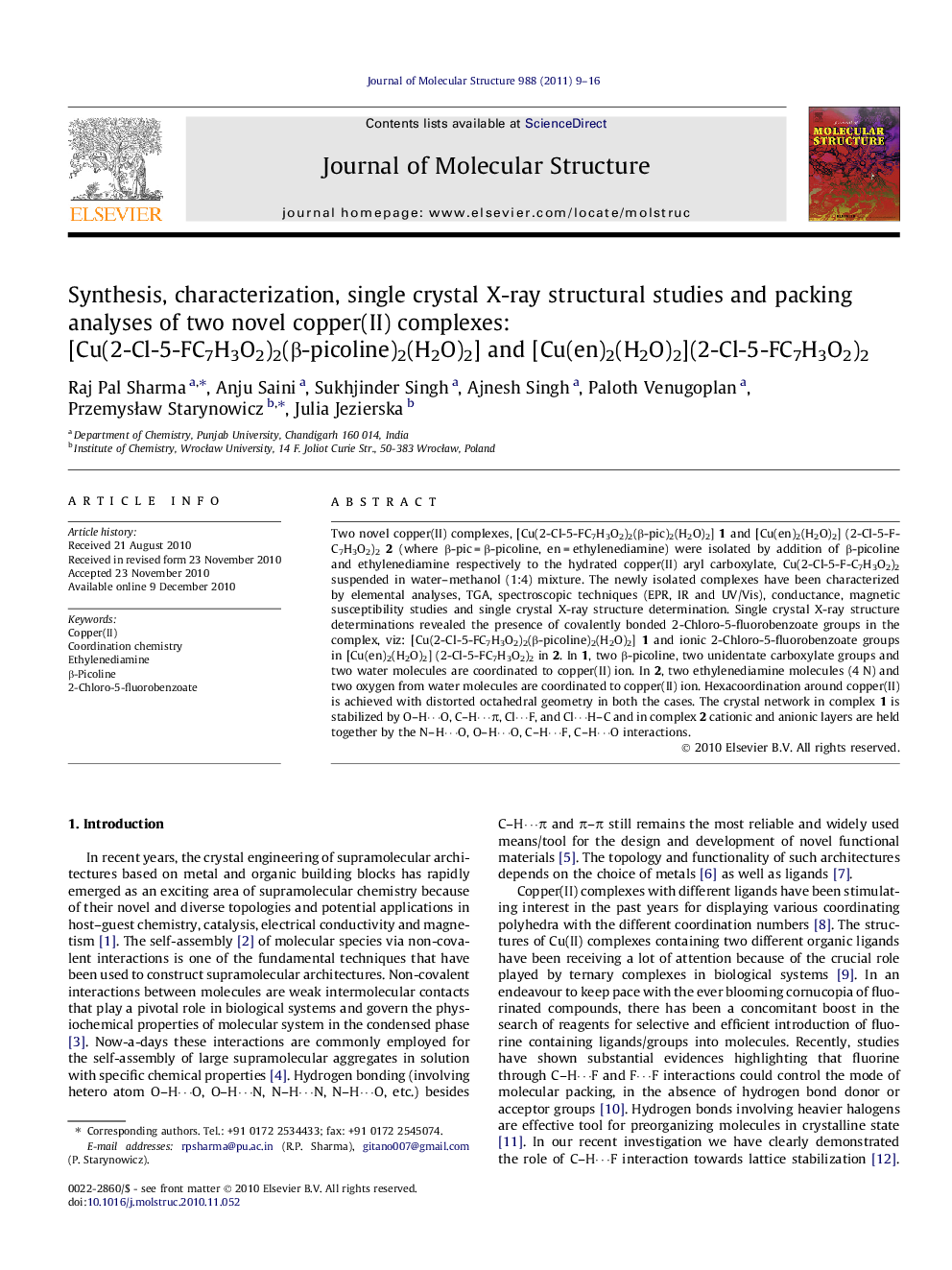 Synthesis, characterization, single crystal X-ray structural studies and packing analyses of two novel copper(II) complexes: [Cu(2-Cl-5-FC7H3O2)2(Î²-picoline)2(H2O)2] and [Cu(en)2(H2O)2](2-Cl-5-FC7H3O2)2