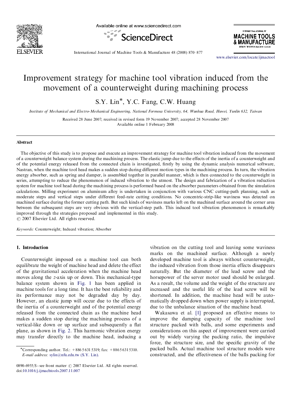 Improvement strategy for machine tool vibration induced from the movement of a counterweight during machining process