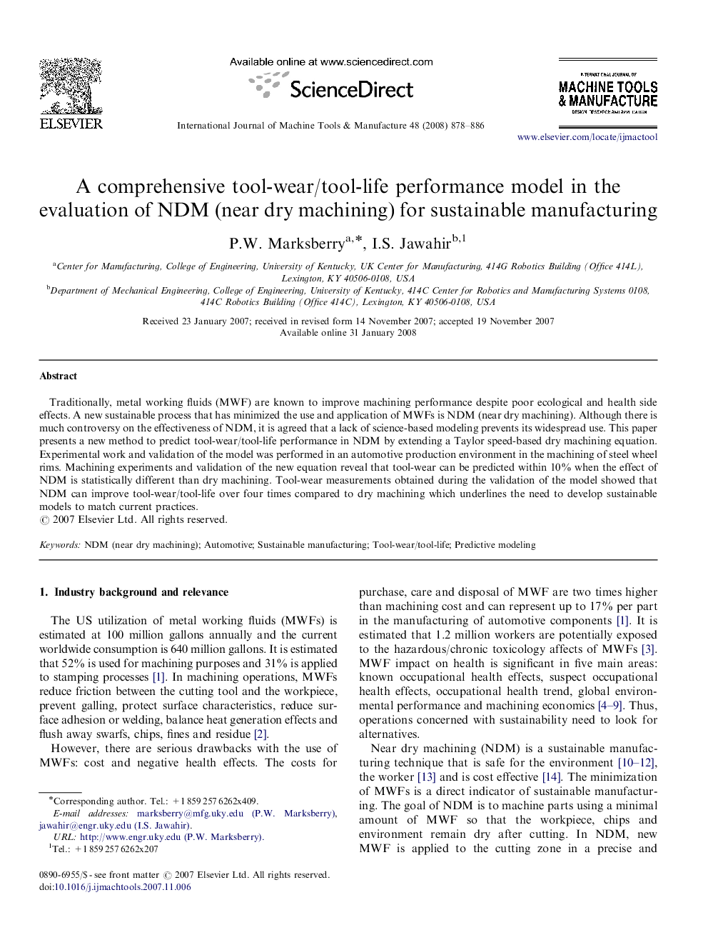 A comprehensive tool-wear/tool-life performance model in the evaluation of NDM (near dry machining) for sustainable manufacturing